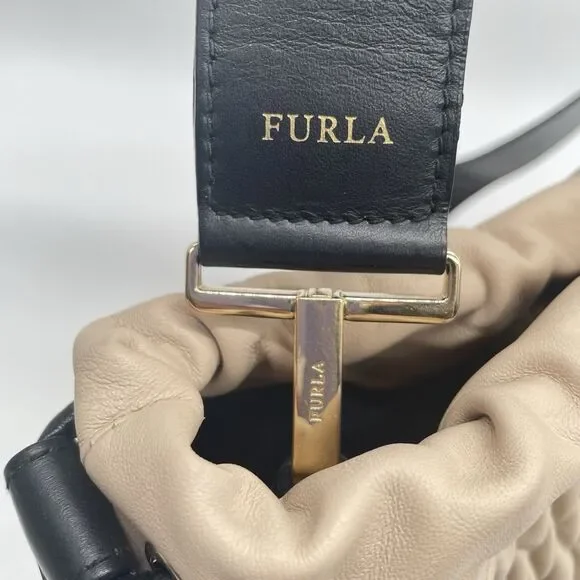 Furla Caos Quilted Leather Bucket Bag Beige Drawstring Shoulder Bag